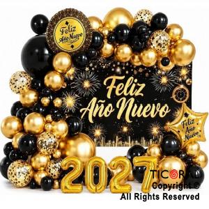 SET DE GLOBOS ARCO XL FELIZ A�O NUEVO ORO Y NEGRO (XY-10214) 100 UNIDADES